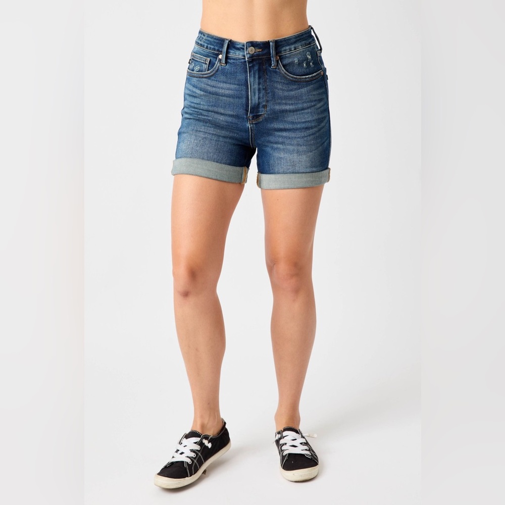 Judy Blue Medium denim shorts hi waist rolled cuff tummy control JB150246 DK NWT
